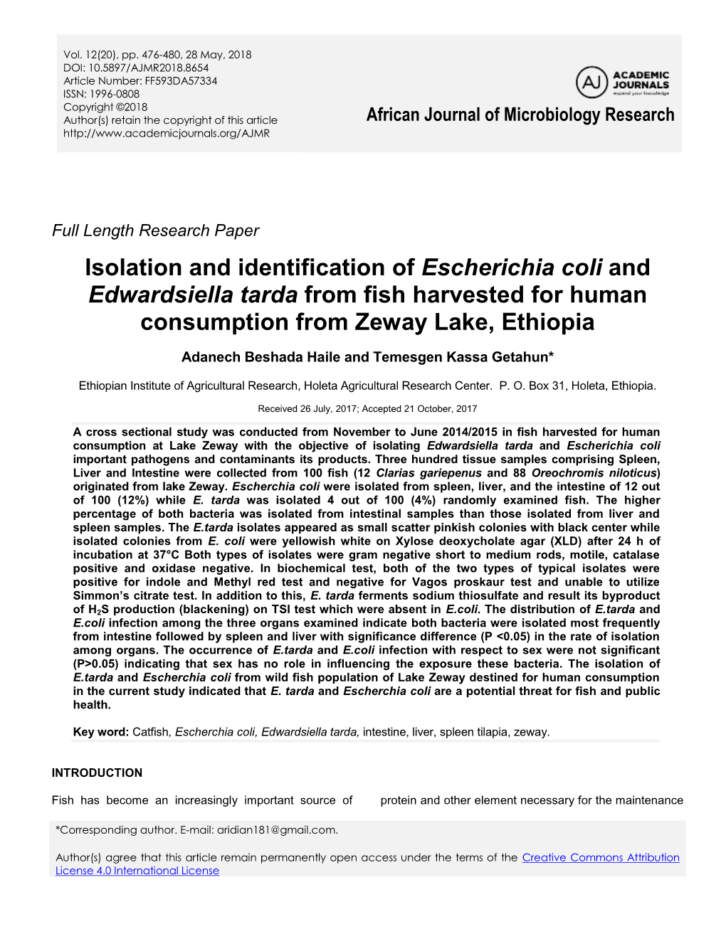 Isolation and Identification of Escherichia Coli and Edwardsiella Tarda from Fish Harvested for Human Consumption from Zeway Lake, Ethiopia