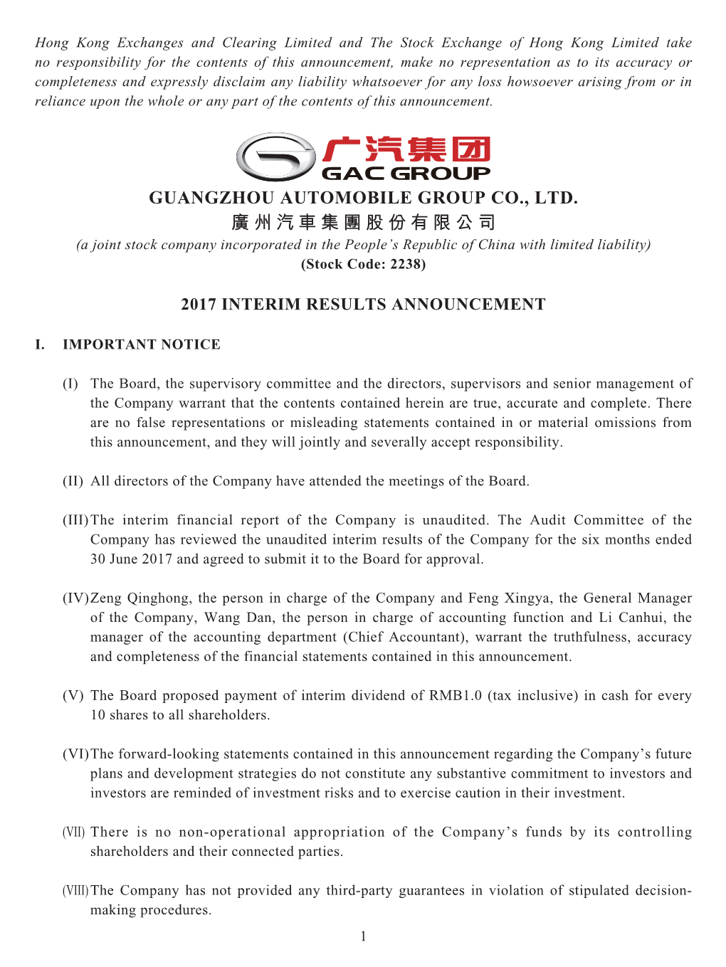 GUANGZHOU AUTOMOBILE GROUP CO., LTD. 廣州汽車集團股份有限公司 (A Joint Stock Company Incorporated in the People’S Republic of China with Limited Liability) (Stock Code: 2238)