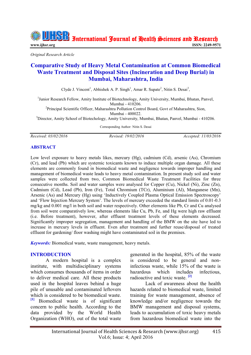 Comparative Study of Heavy Metal Contamination at Common Biomedical Waste Treatment and Disposal Sites (Incineration and Deep Burial) in Mumbai, Maharashtra, India