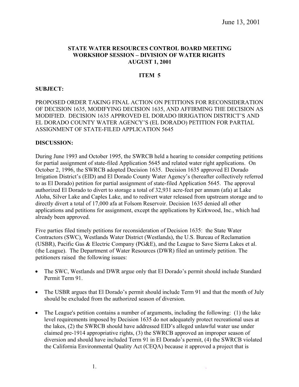 El Dorado Irrigation District Petition for Reconsideration/ Decision 1635