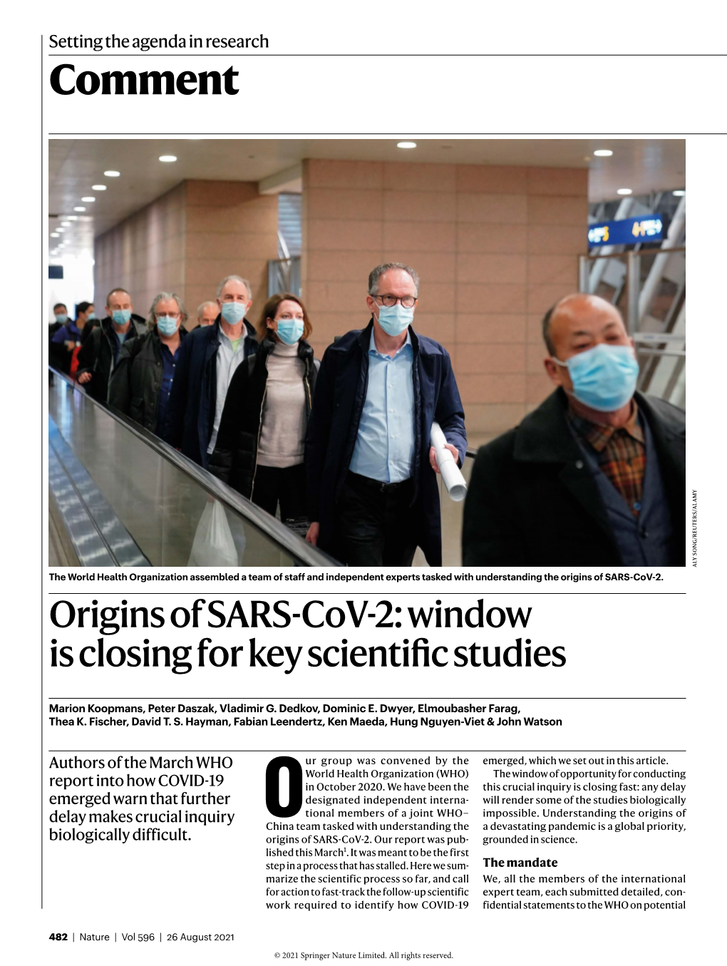 Comment ALY SONG/REUTERS/ALAMY ALY the World Health Organization Assembled a Team of Staff and Independent Experts Tasked with Understanding the Origins of SARS-Cov-2