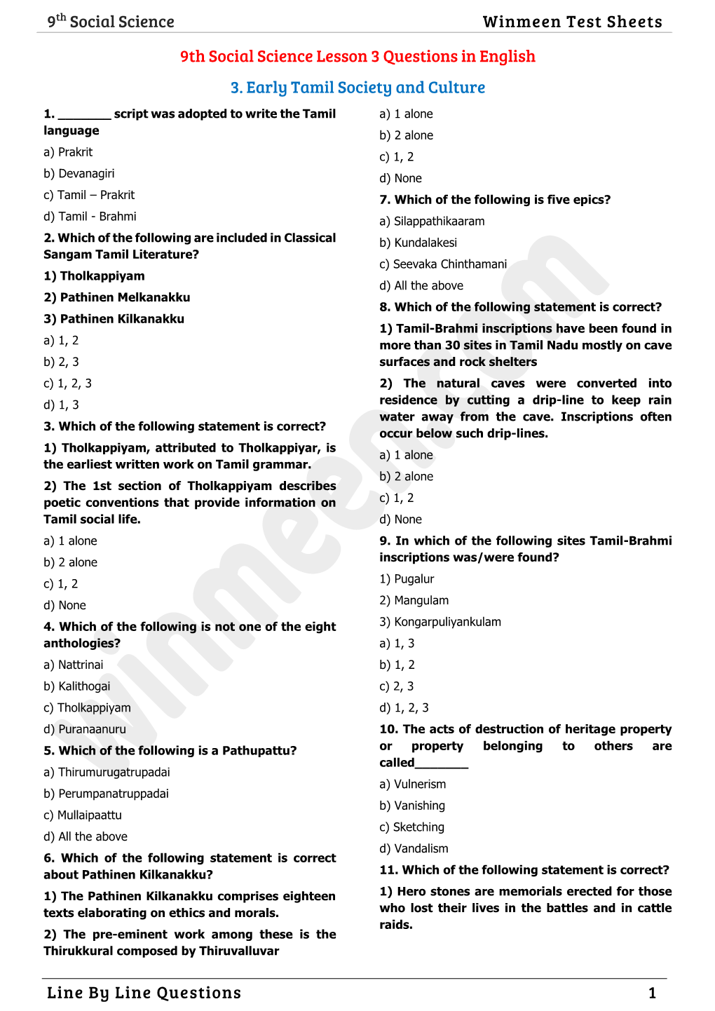 9Th Social Science Winmeen Test Sheets Line by Line Questions 1