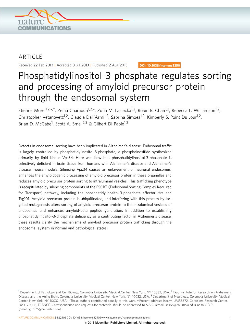 Phosphatidylinositol-3-Phosphate Regulates Sorting and Processing of Amyloid Precursor Protein Through the Endosomal System