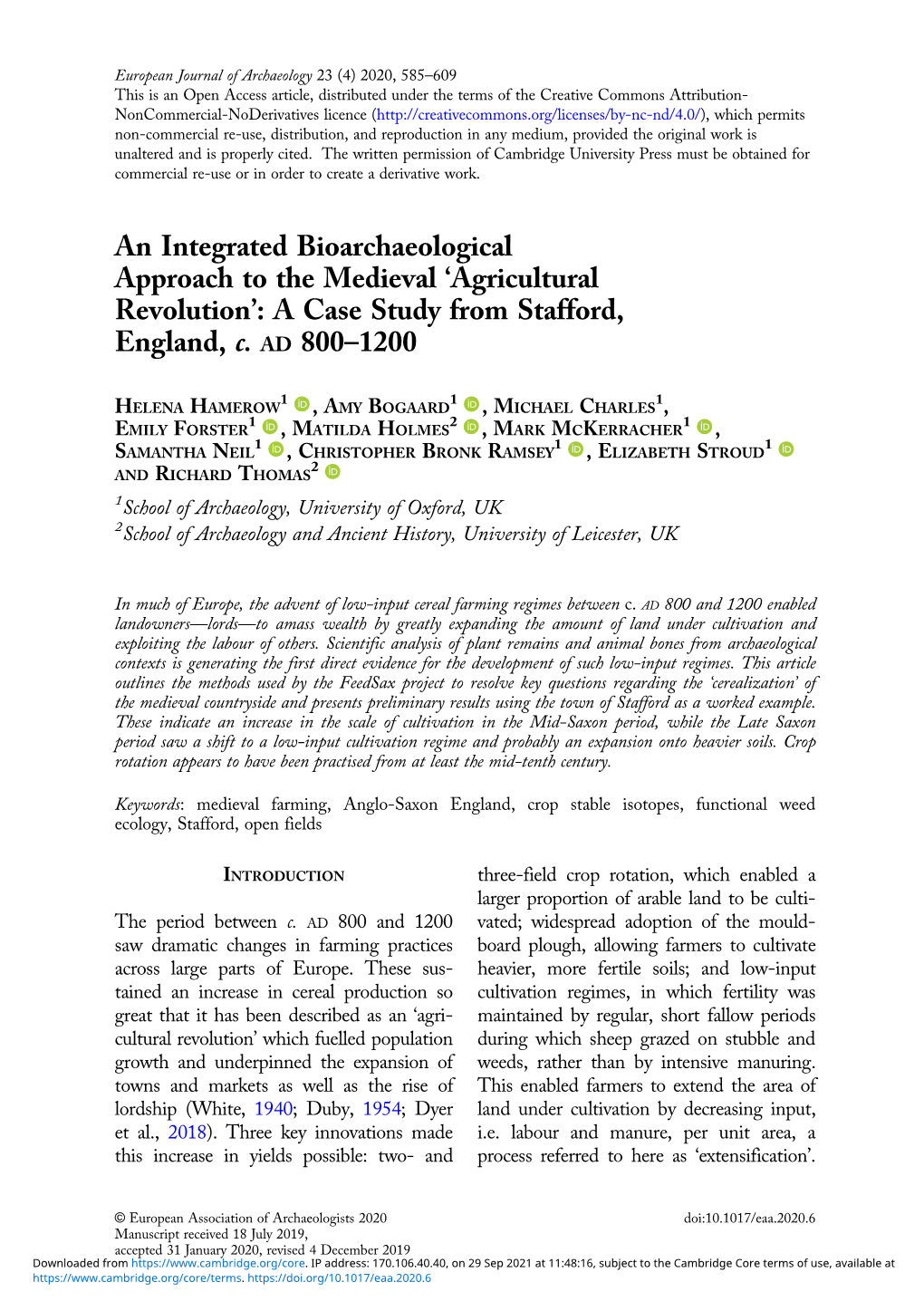An Integrated Bioarchaeological Approach to the Medieval 'Agricultural Revolution': a Case Study from Stafford, England, C