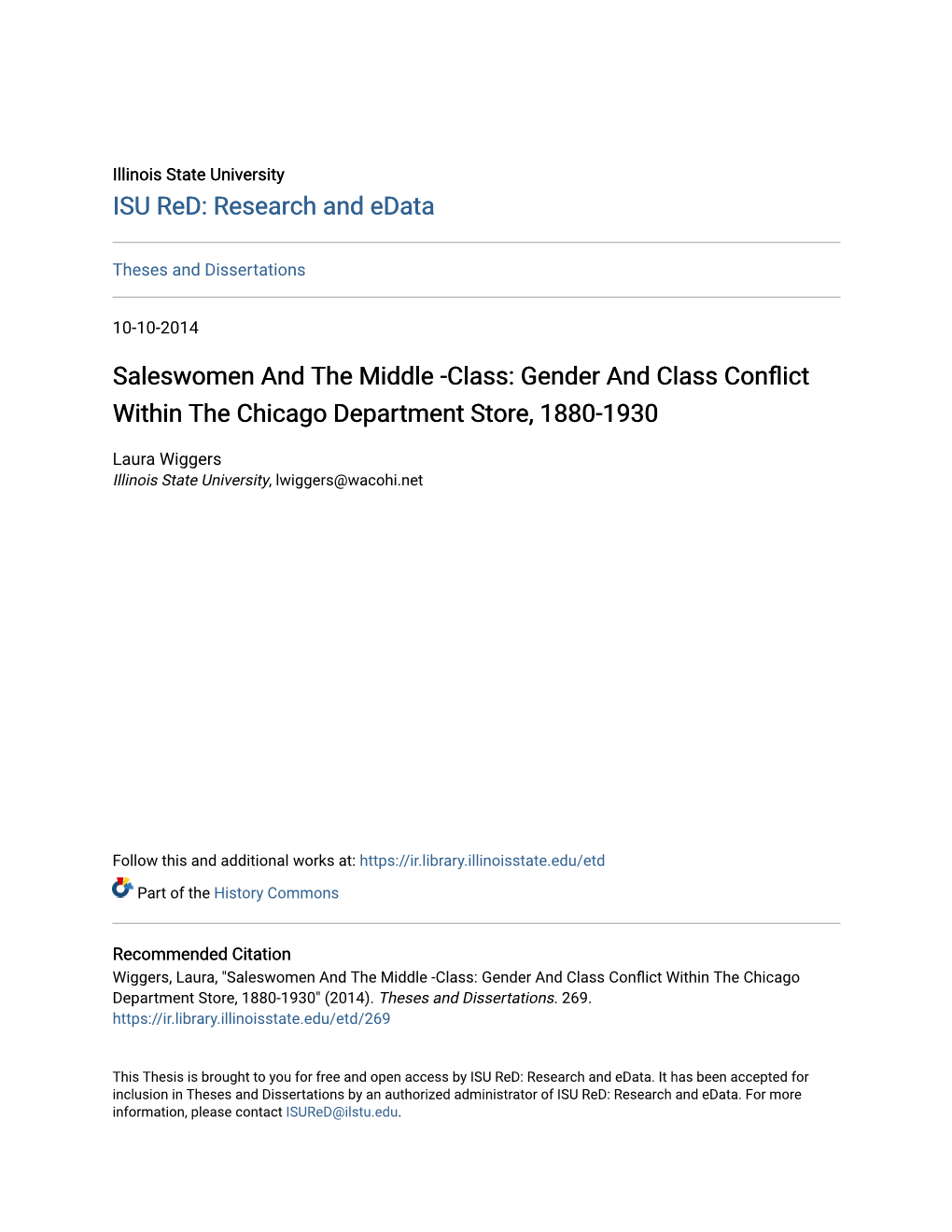 Saleswomen and the Middle -Class: Gender and Class Conflict Within the Chicago Department Store, 1880-1930