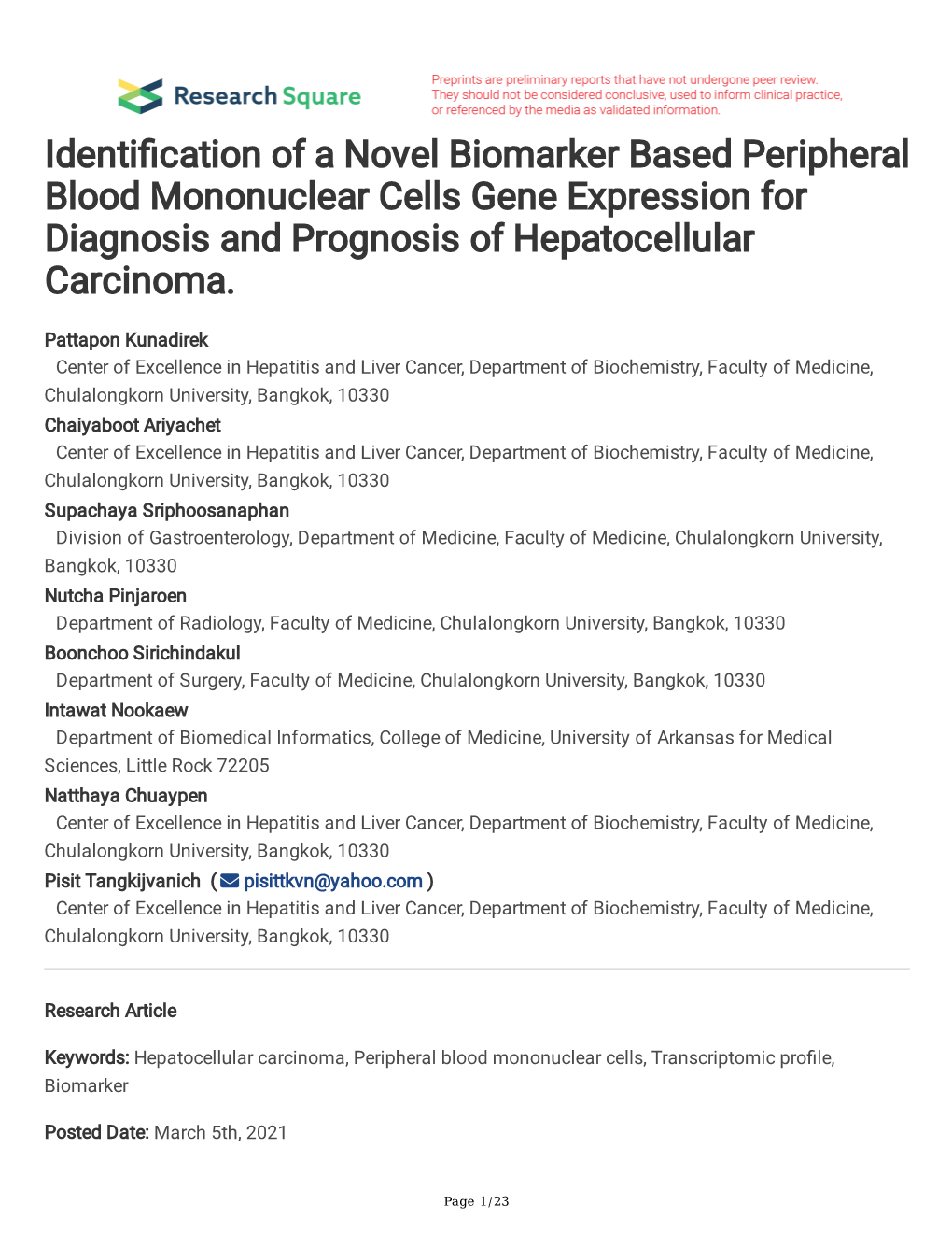 Identi Cation of a Novel Biomarker Based Peripheral Blood