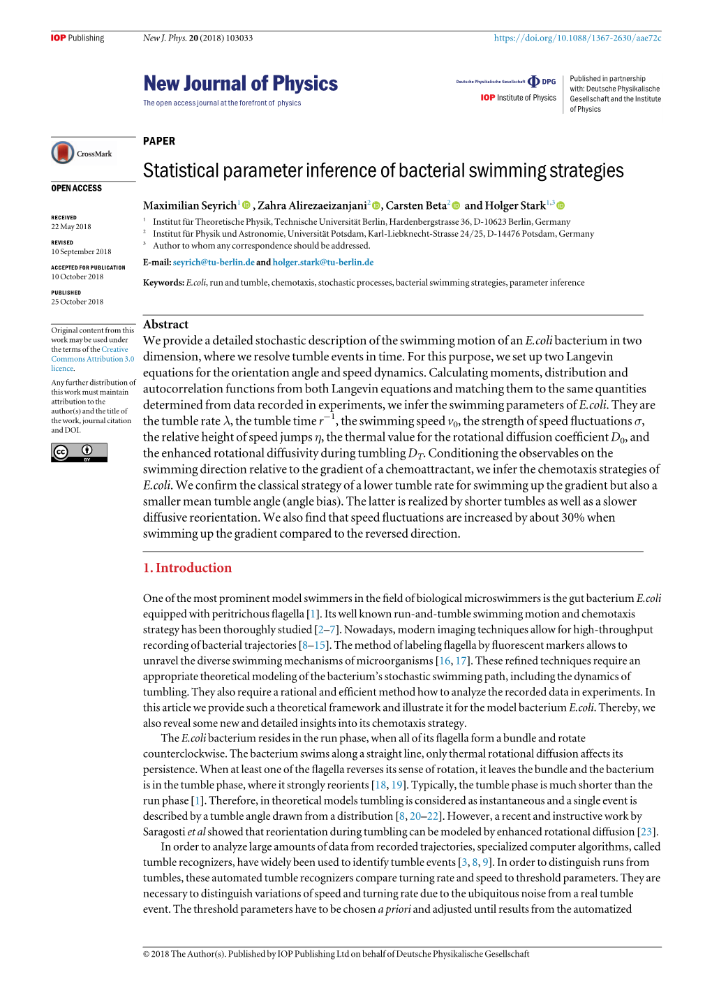 Statistical Parameter Inference of Bacterial Swimming Strategies