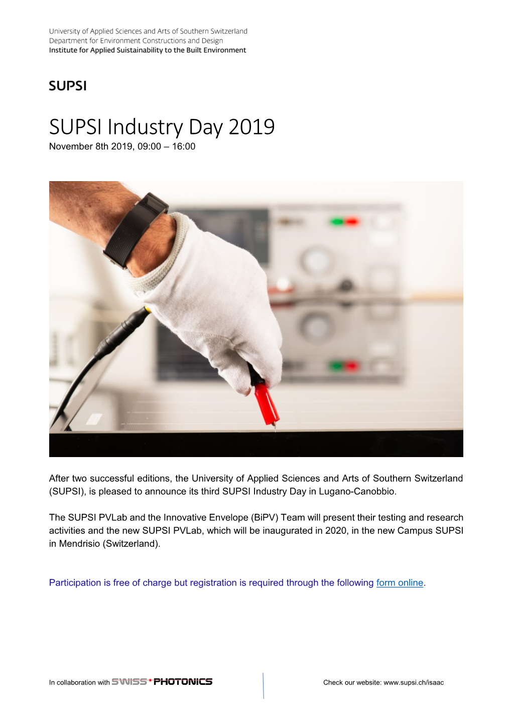 SUPSI Industry Day 2019 November 8Th 2019, 09:00 – 16:00