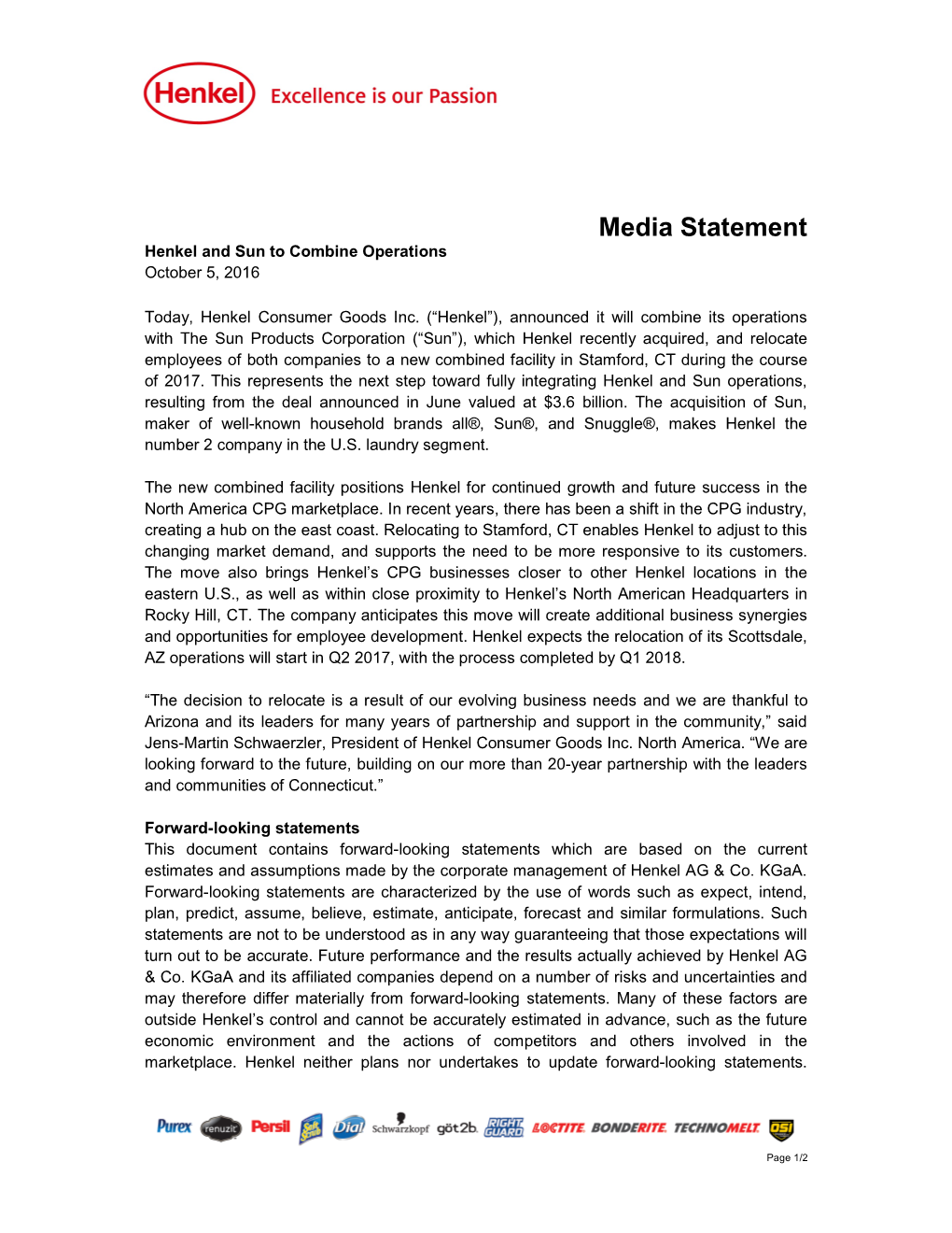 Media Statement Henkel and Sun to Combine Operations October 5, 2016
