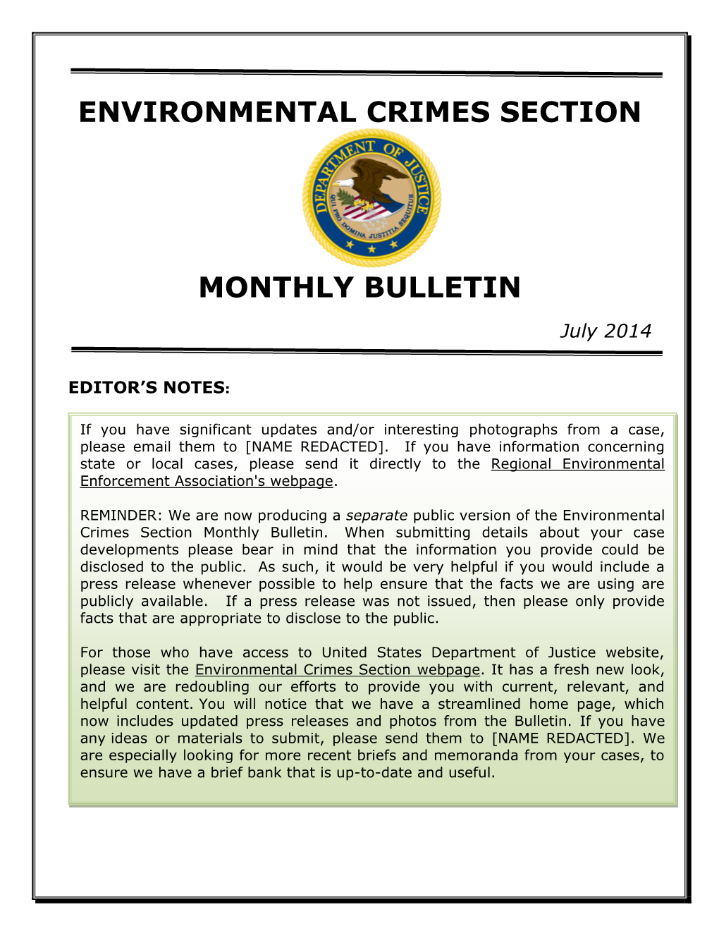 Environmental Crimes Section Monthly Bulletin July 2014