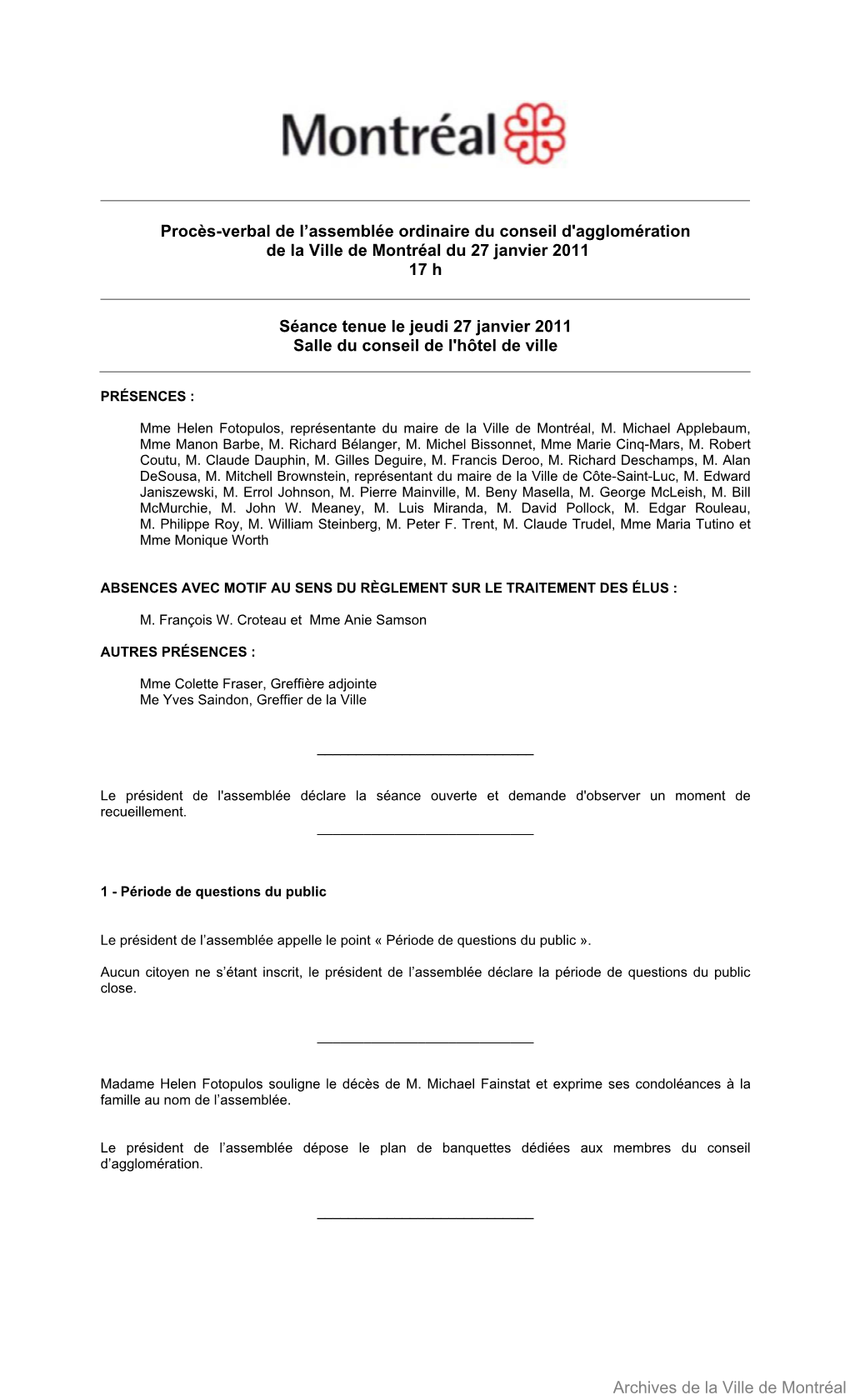 Procès-Verbal De L'assemblée Ordinaire Du Conseil D'agglomération Tenue Le 16 Décembre 2010