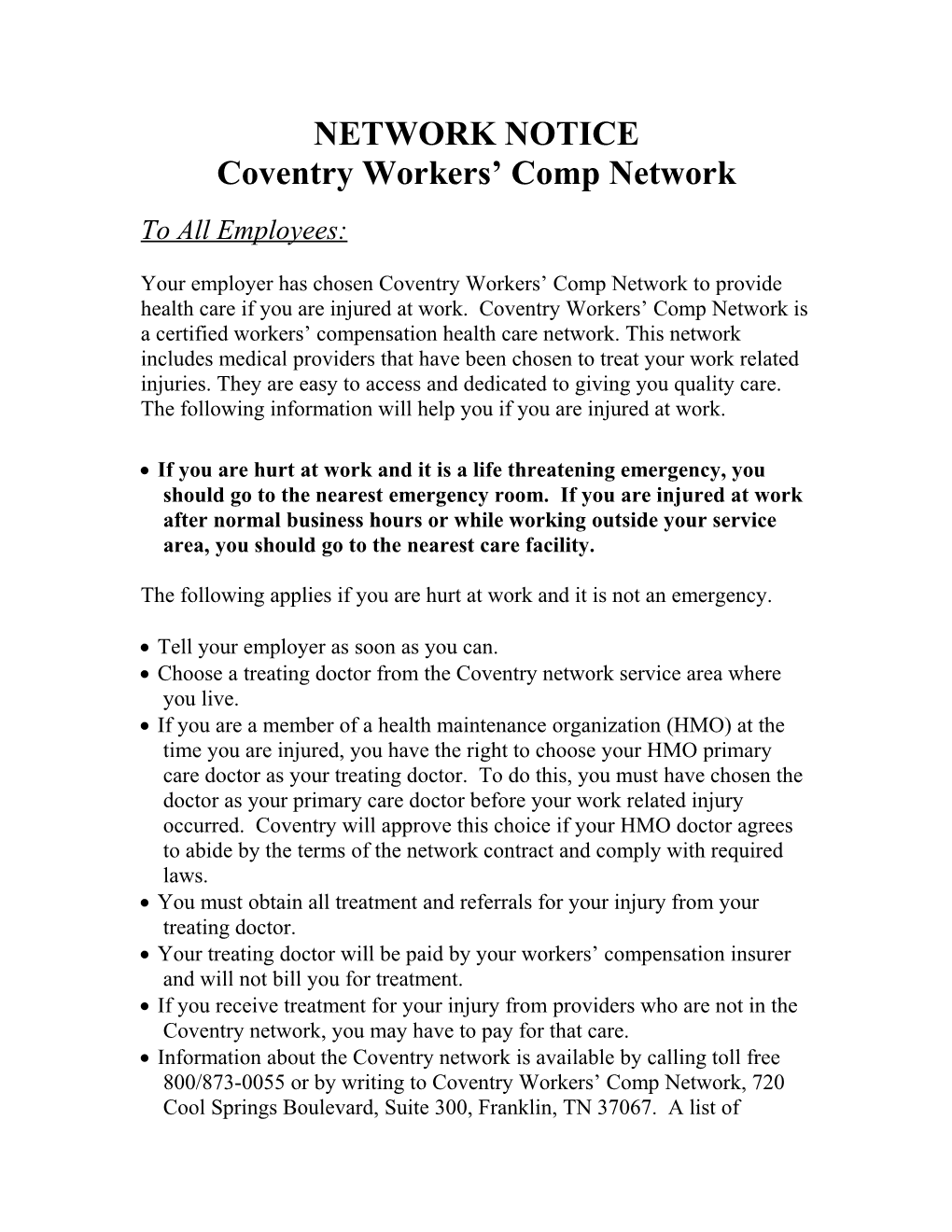 Coventry Workers Comp Network