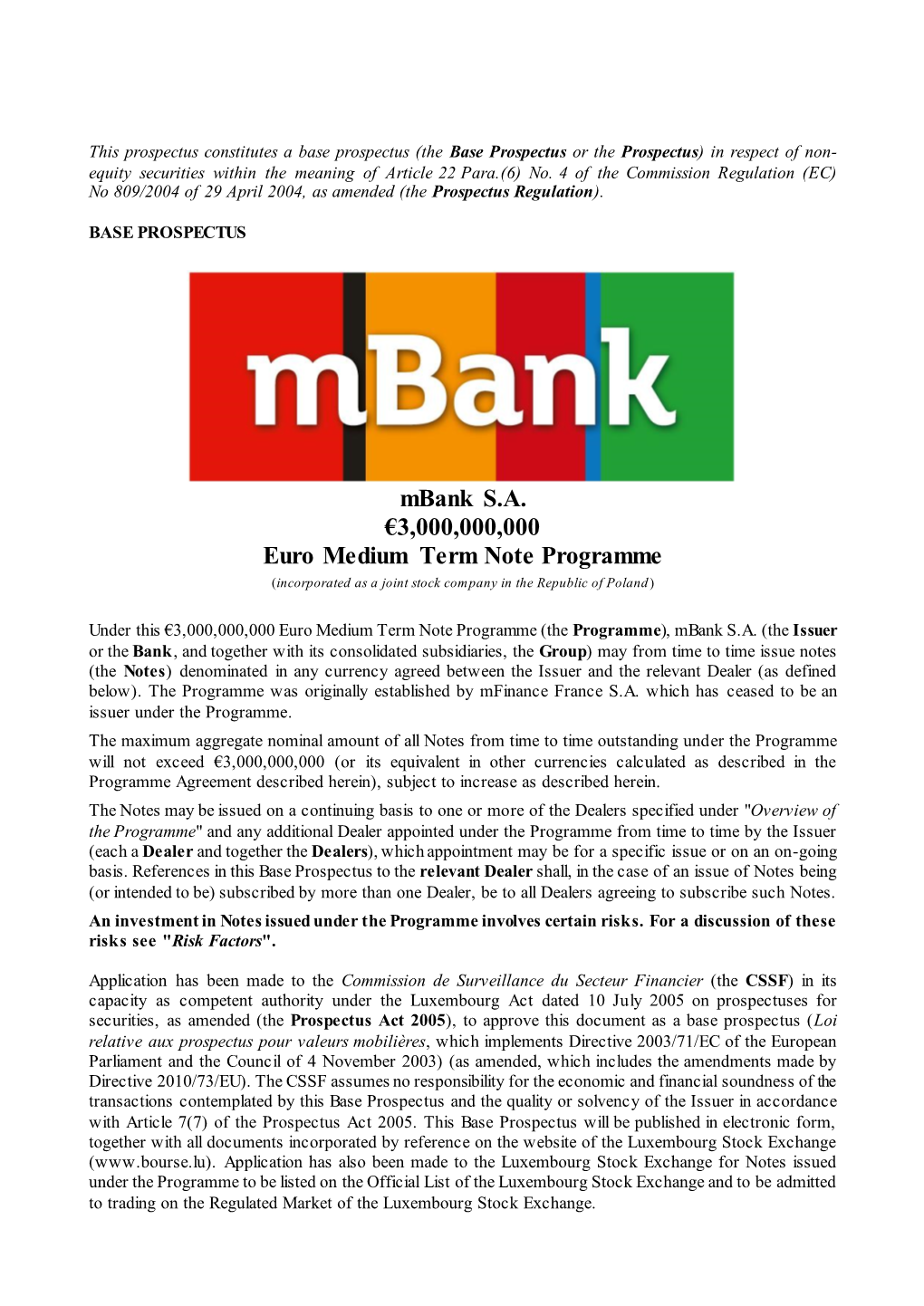 Mbank S.A. €3,000,000,000 Euro Medium Term Note Programme (Incorporated As a Joint Stock Company in the Republic of Poland)