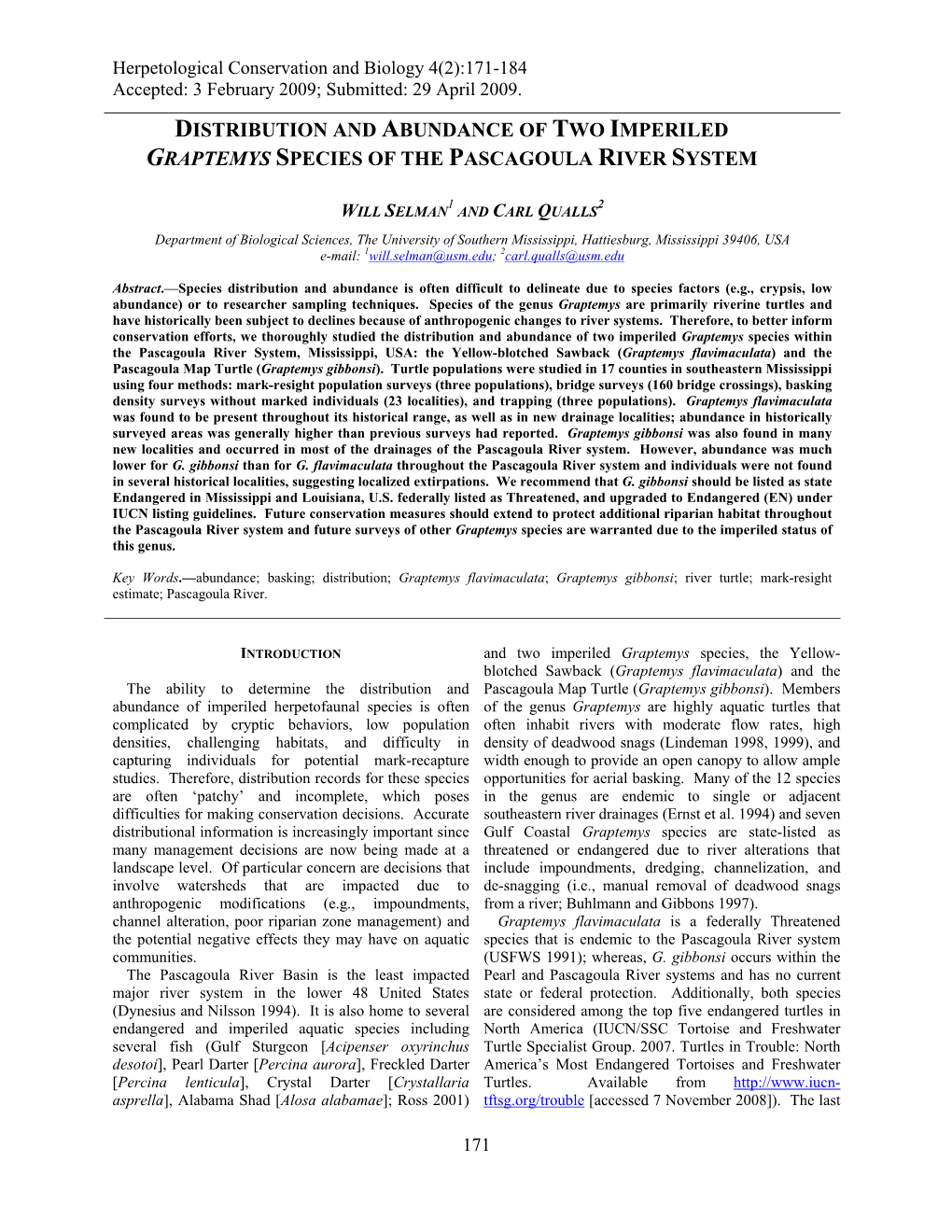 Distribution and Abundance of Two Imperiled Graptemys Species of the Pascagoula River System