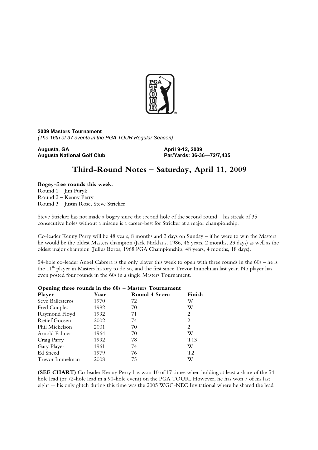 Third-Round Notes – Saturday, April 11, 2009