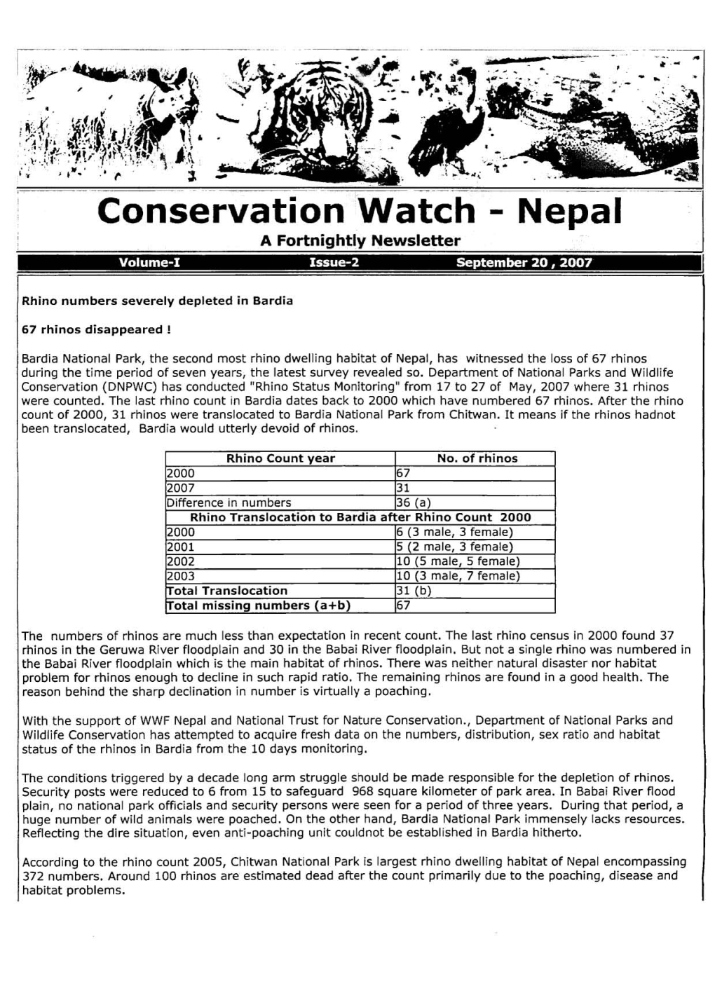 Conservation Watch - Nepal a Fortnightly Newsletter