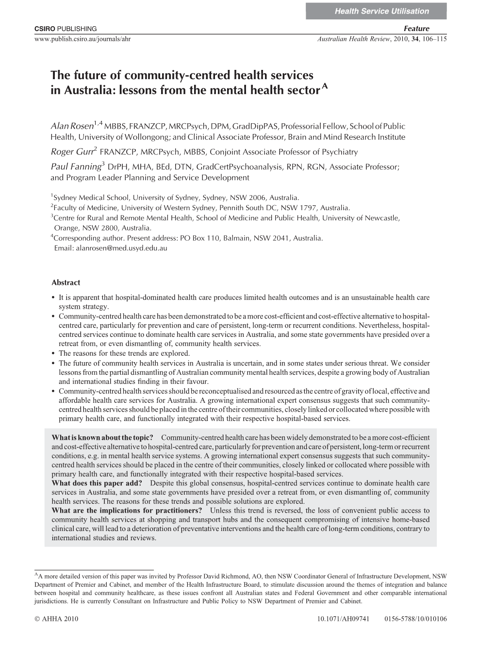 The Future of Community-Centred Health Services in Australia: Lessons from the Mental Health Sector A