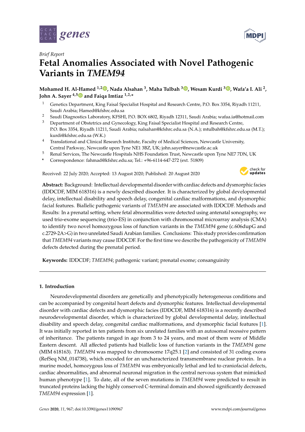 Fetal Anomalies Associated with Novel Pathogenic Variants in TMEM94