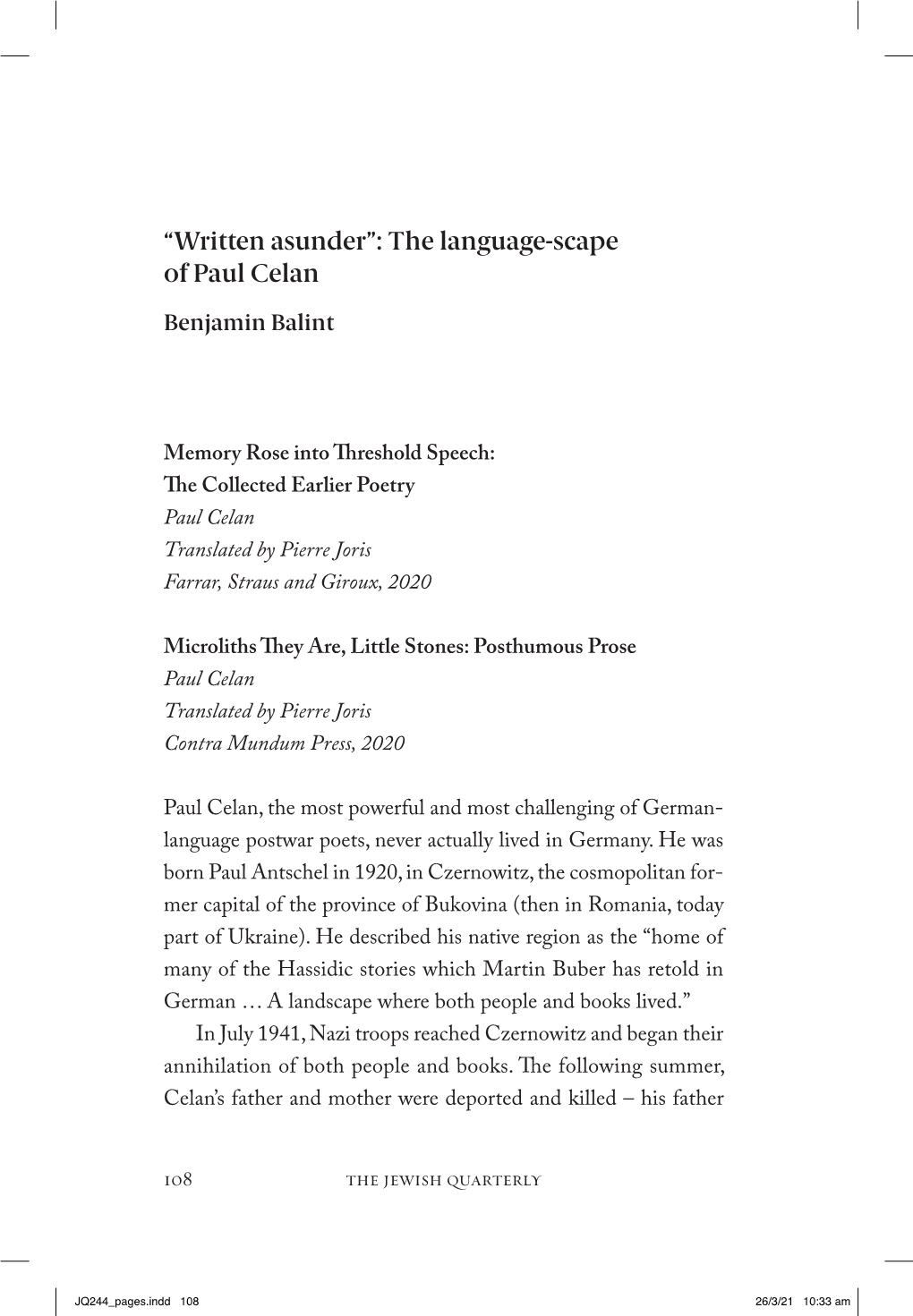 “Written Asunder”: the Language- Scape of Paul Celan