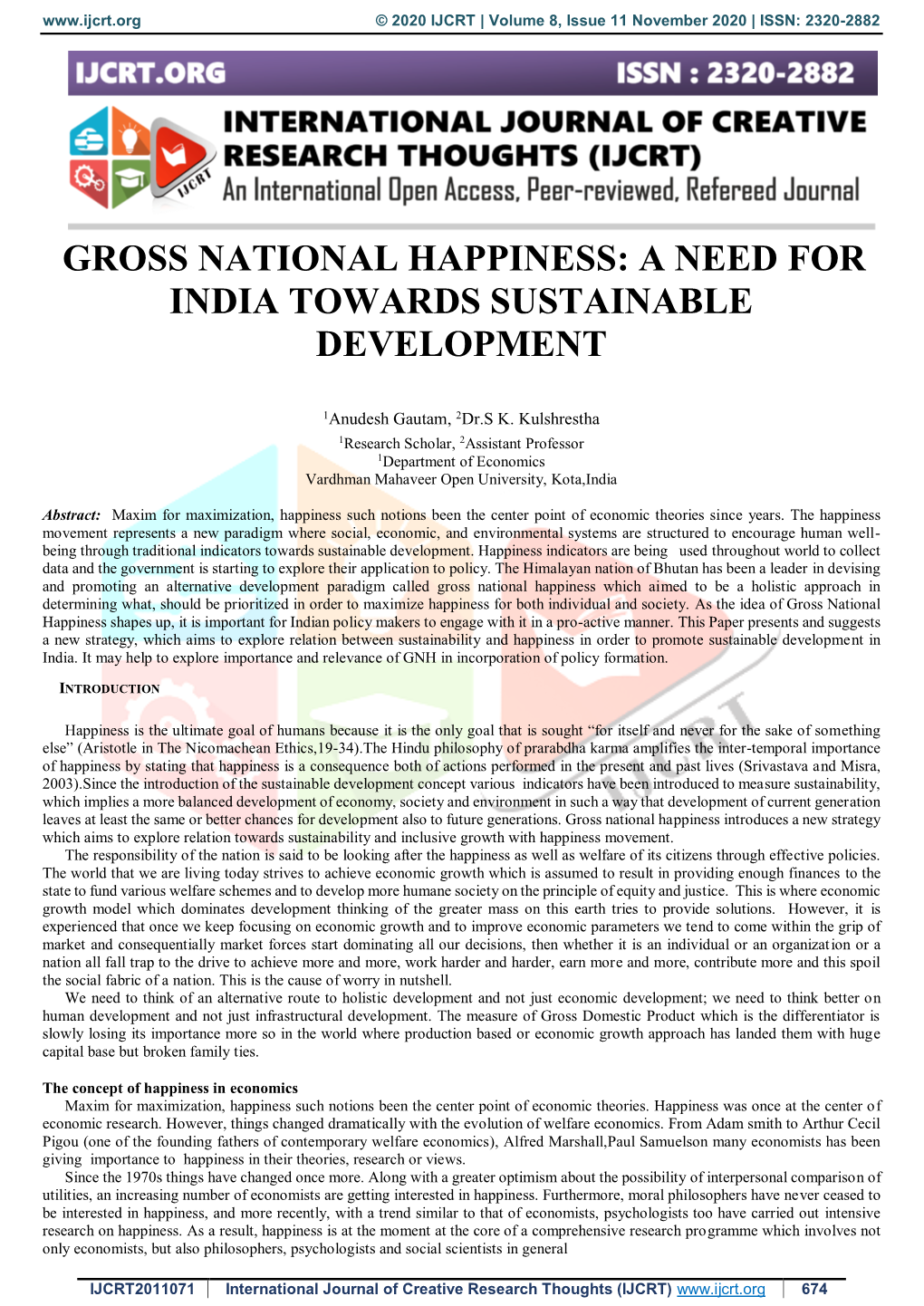 Gross National Happiness: a Need for India Towards Sustainable Development