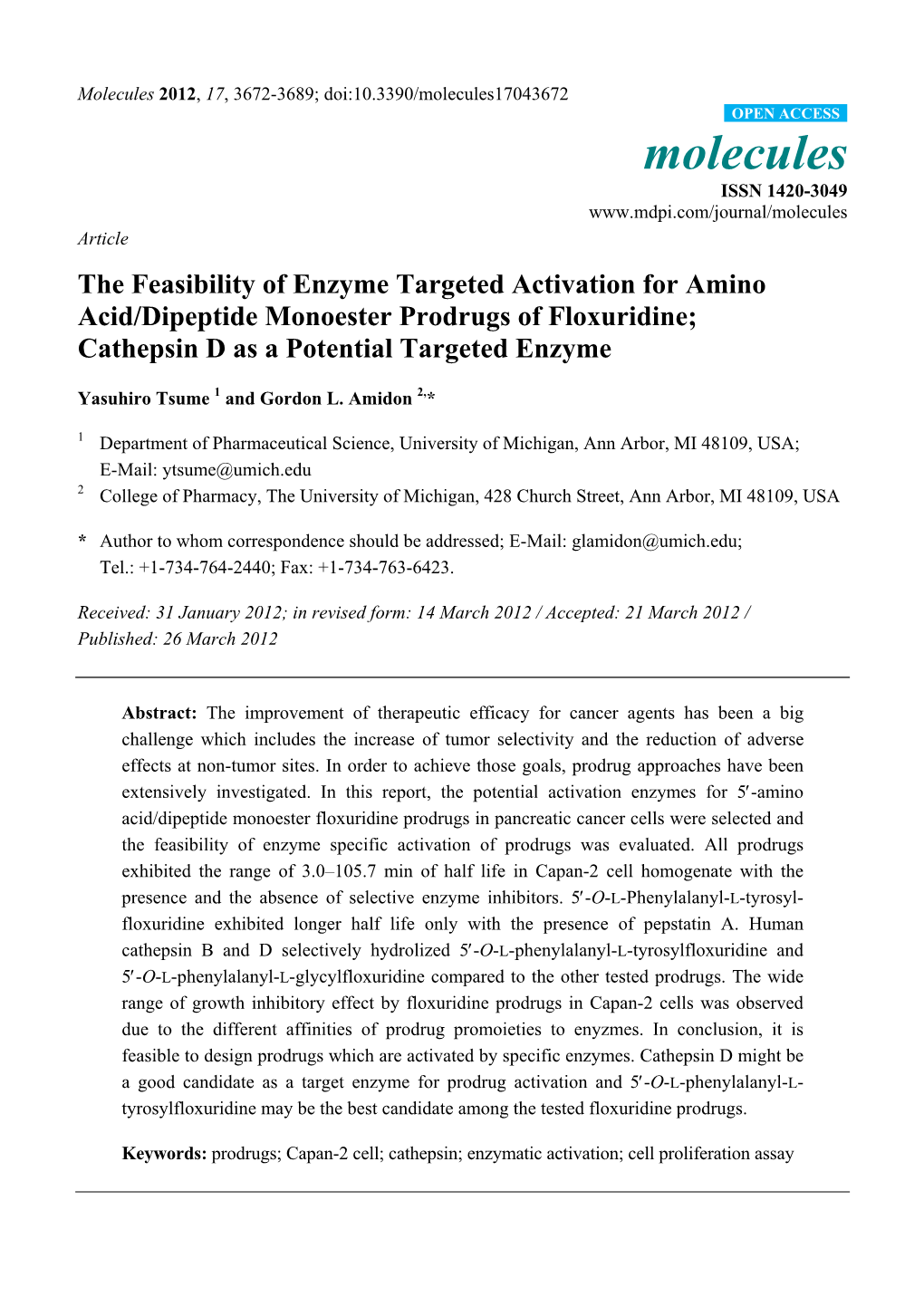 The Feasibility of Enzyme Targeted Activation for Amino Acid/Dipeptide Monoester Prodrugs of Floxuridine; Cathepsin D As a Potential Targeted Enzyme