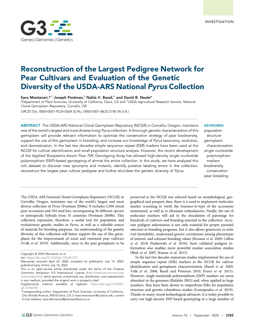 Reconstruction of the Largest Pedigree Network for Pear Cultivars and Evaluation of the Genetic Diversity of the USDA-ARS National Pyrus Collection