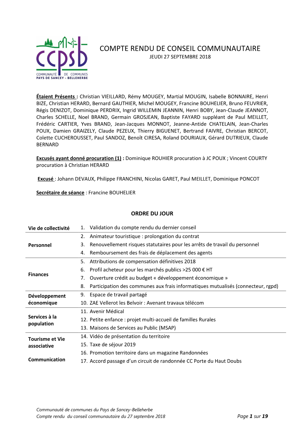 Conseil Communautaire Du 27 Septembre 2018 Page 1 Sur 19 18