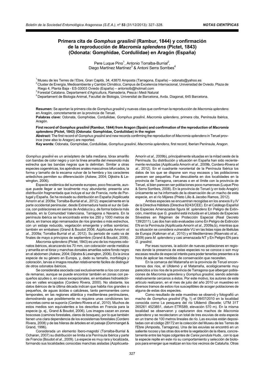 Primera Cita De Gomphus Graslinii (Rambur, 1844) Y Confirmación De