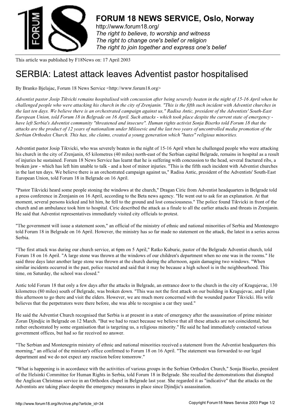 SERBIA: Latest Attack Leaves Adventist Pastor Hospitalised