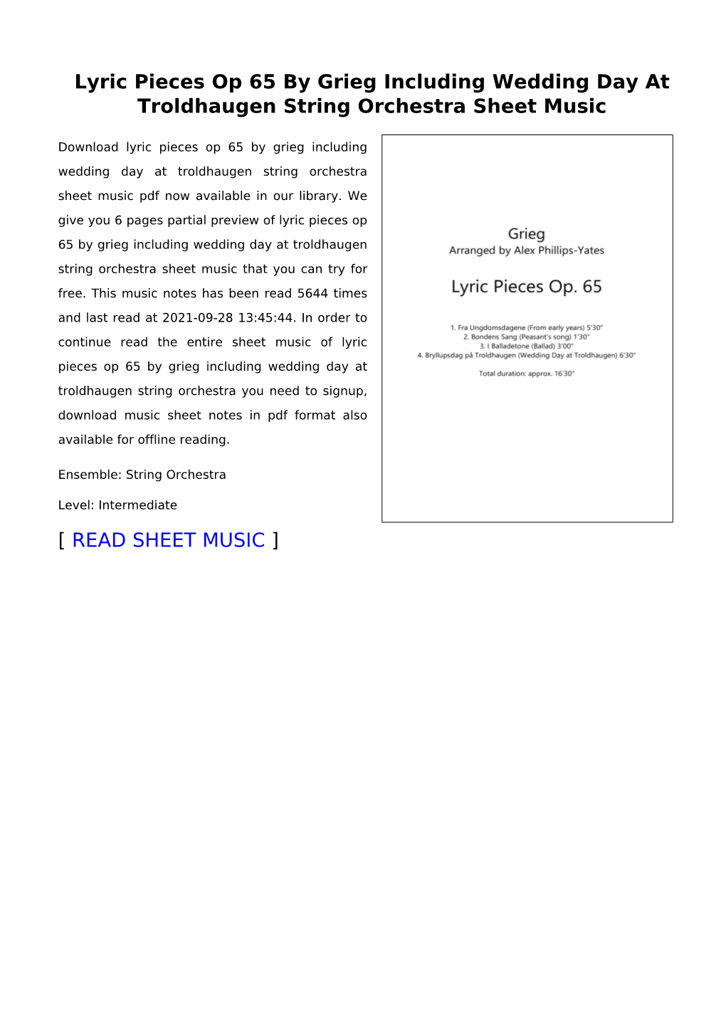 Lyric Pieces Op 65 by Grieg Including Wedding Day at Troldhaugen String Orchestra Sheet Music