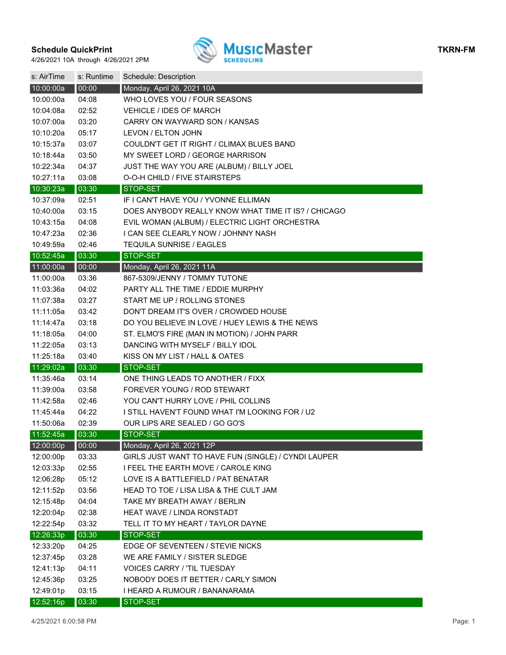 Schedule Quickprint TKRN-FM