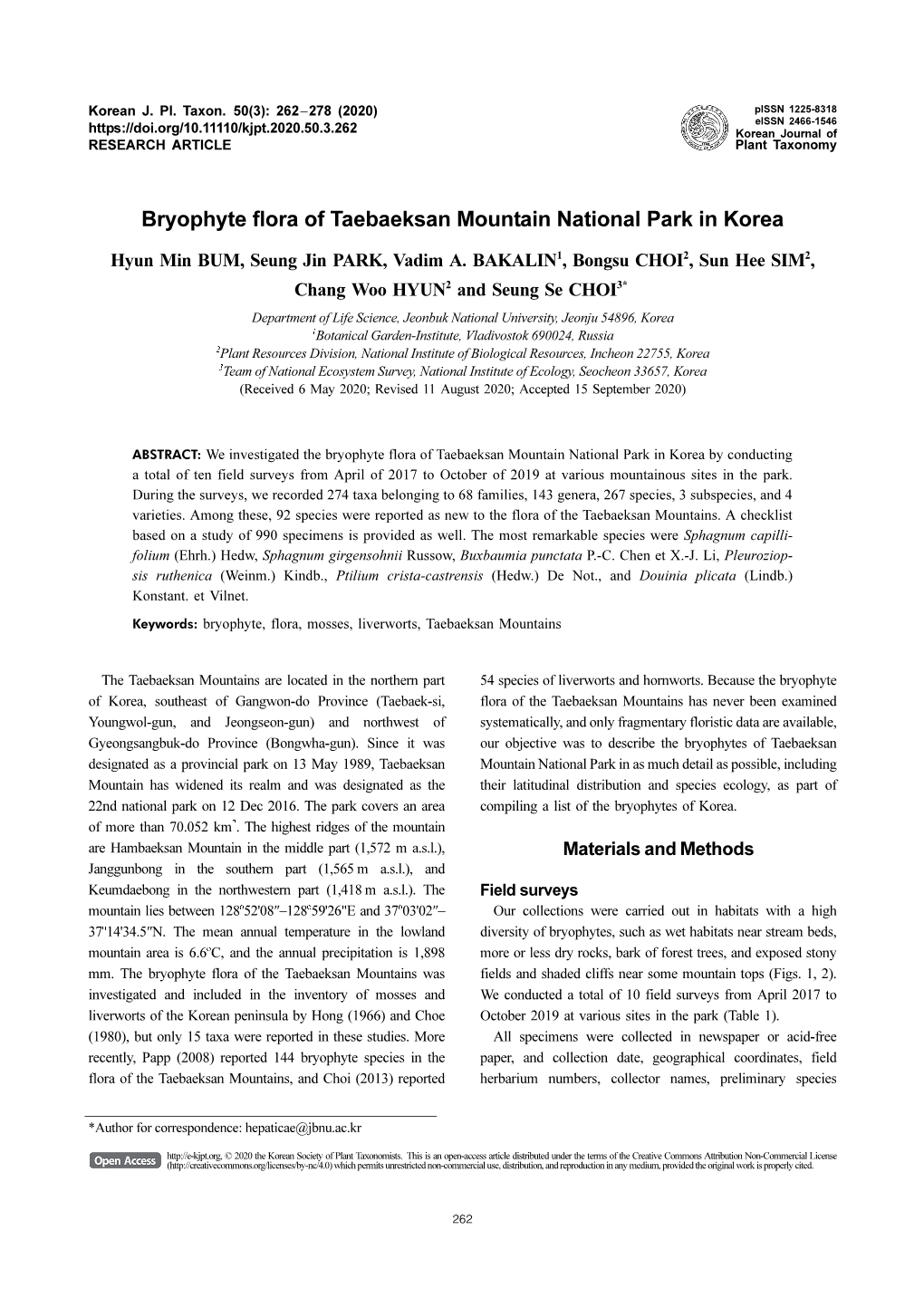 Bryophyte Flora of Taebaeksan Mountain National Park in Korea