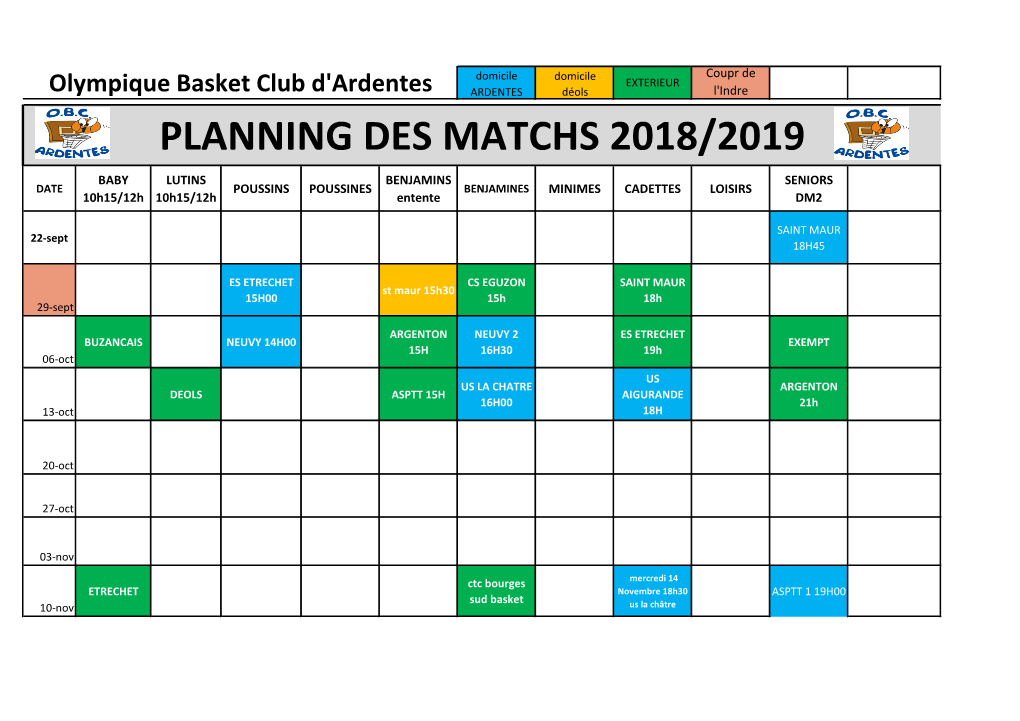 Planning Des Matchs 2018/2019