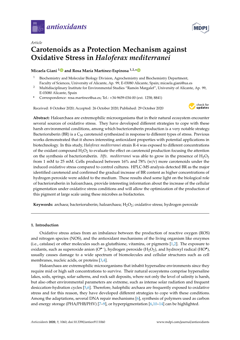 Carotenoids As a Protection Mechanism Against Oxidative Stress in Haloferax Mediterranei