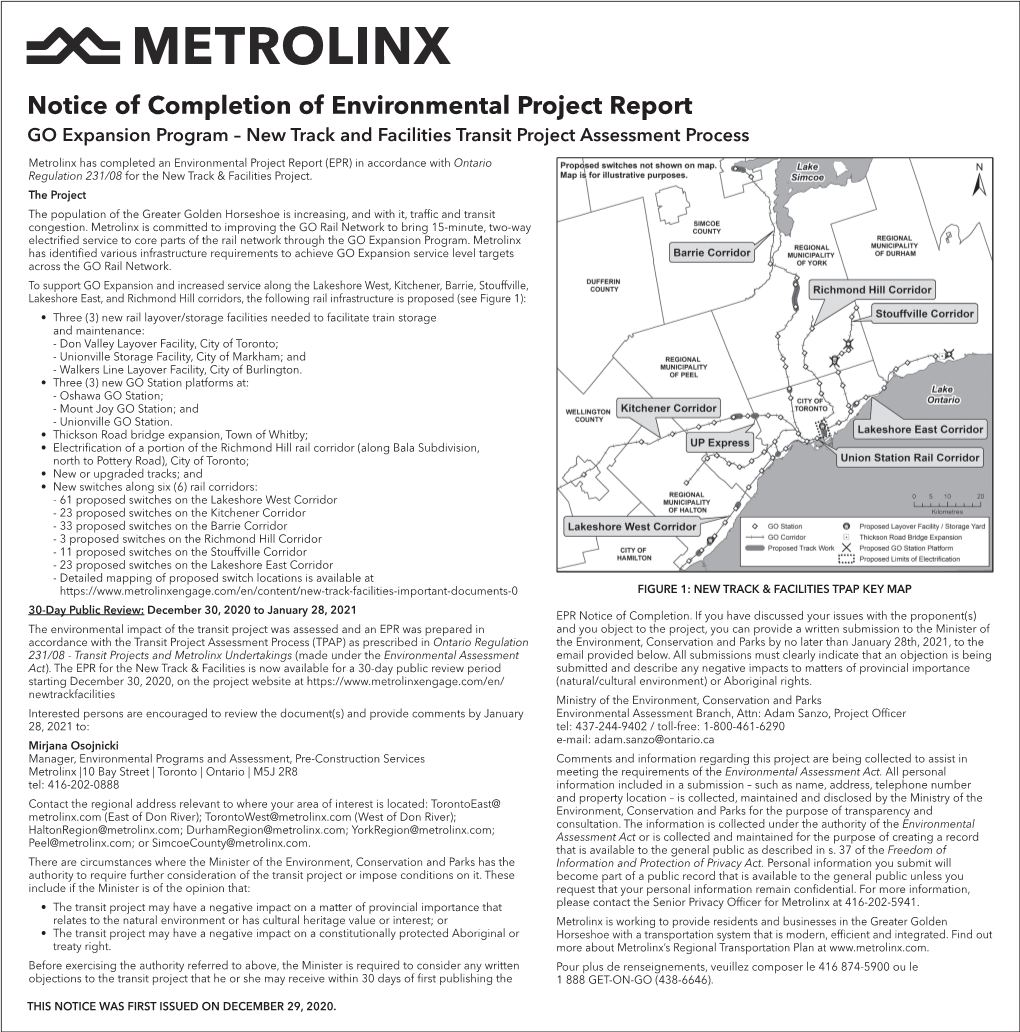 Notice of Completion of Environmental Project Report