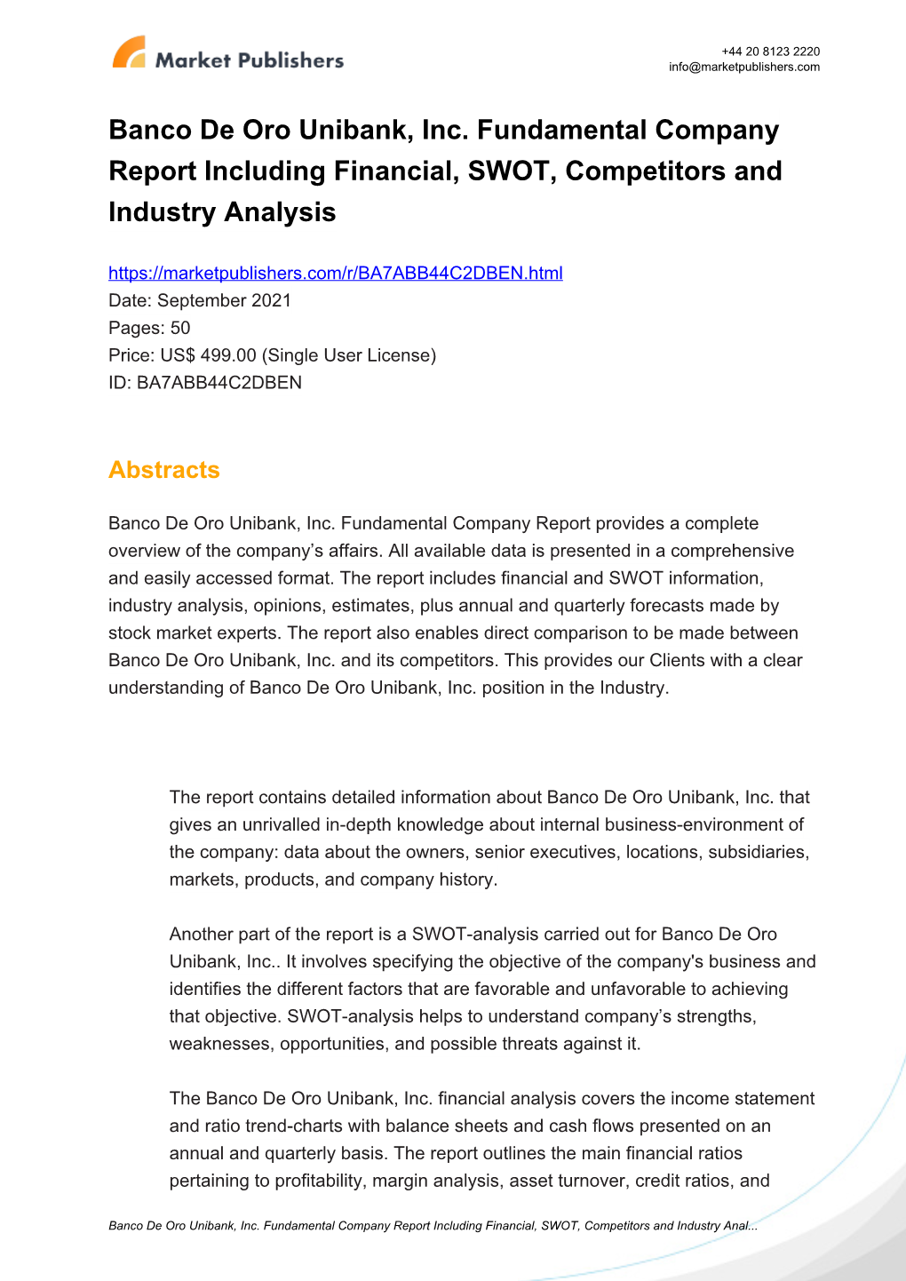 Banco De Oro Unibank, Inc. Fundamental Company Report Including Financial, SWOT, Competitors and Industry Analysis