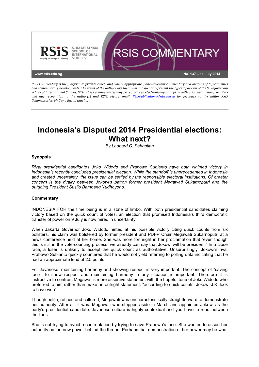 Indonesia's Disputed 2014 Presidential Elections