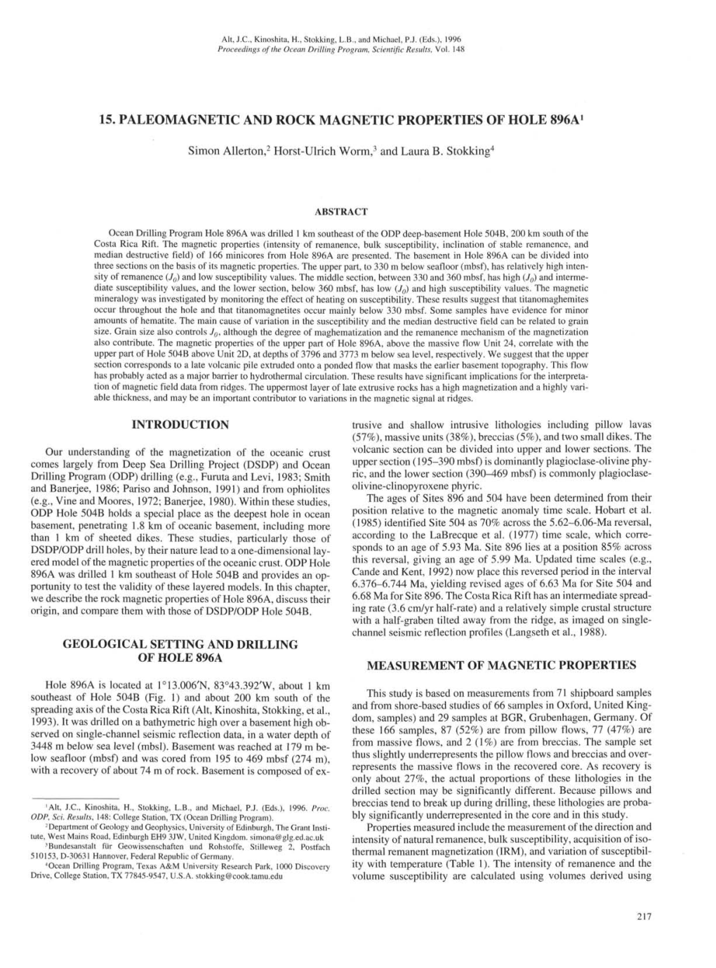 15. Paleomagnetic and Rock Magnetic Properties of Hole 896A1