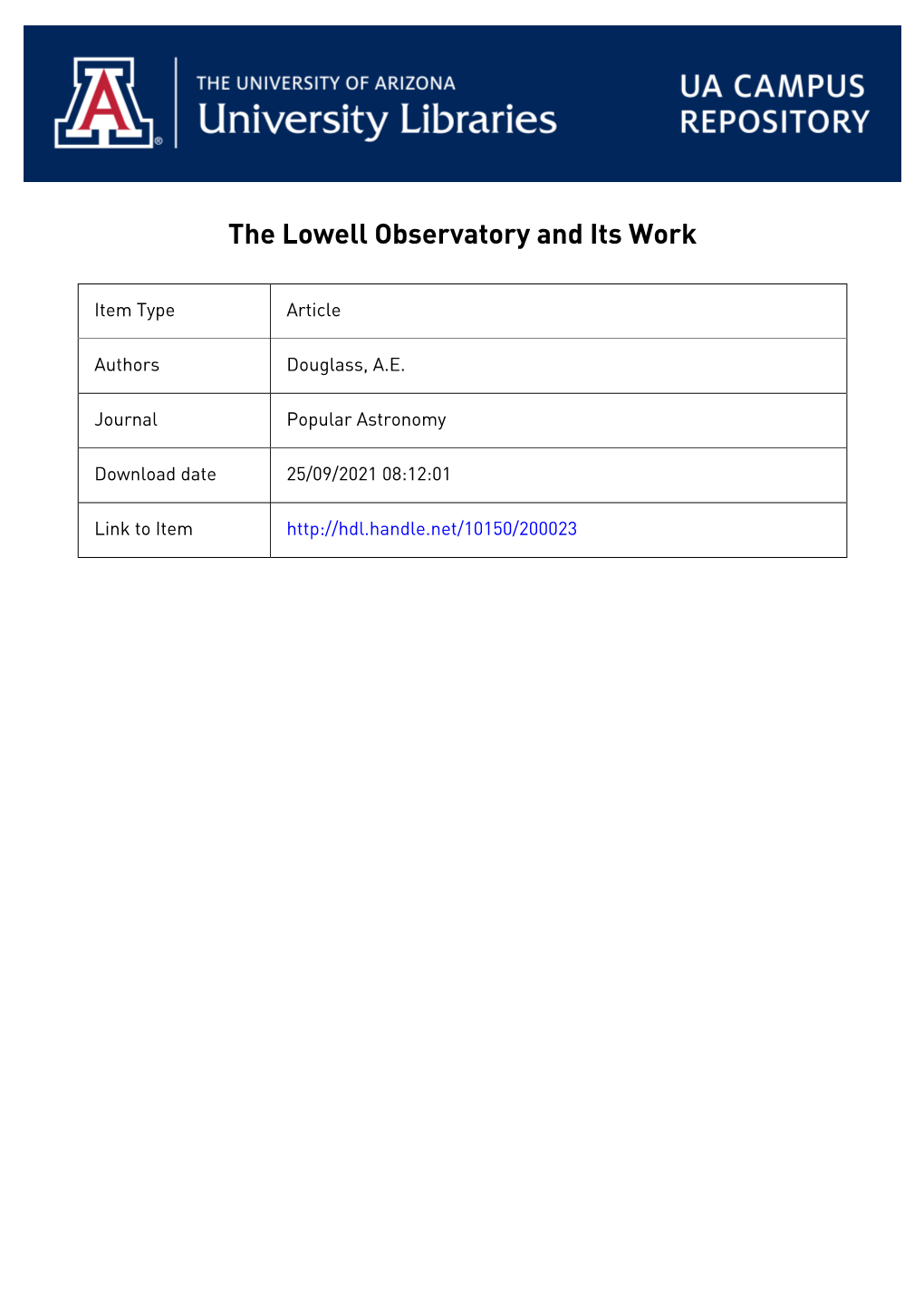 The Lowell Observatory and Its Work