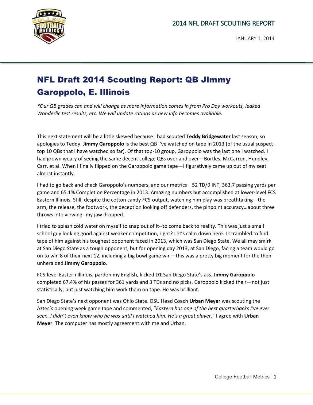 NFL Draft 2014 Scouting Report: QB Jimmy Garoppolo, E. Illinois