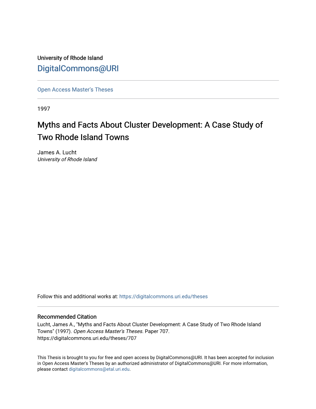 Myths and Facts About Cluster Development: a Case Study of Two Rhode Island Towns