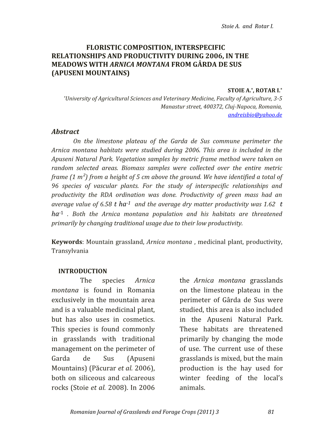 Floristic Composition, Interspecific Relationships and Productivity During 2006, in the Meadows with Arnica Montana from Gârda De Sus (Apuseni Mountains)