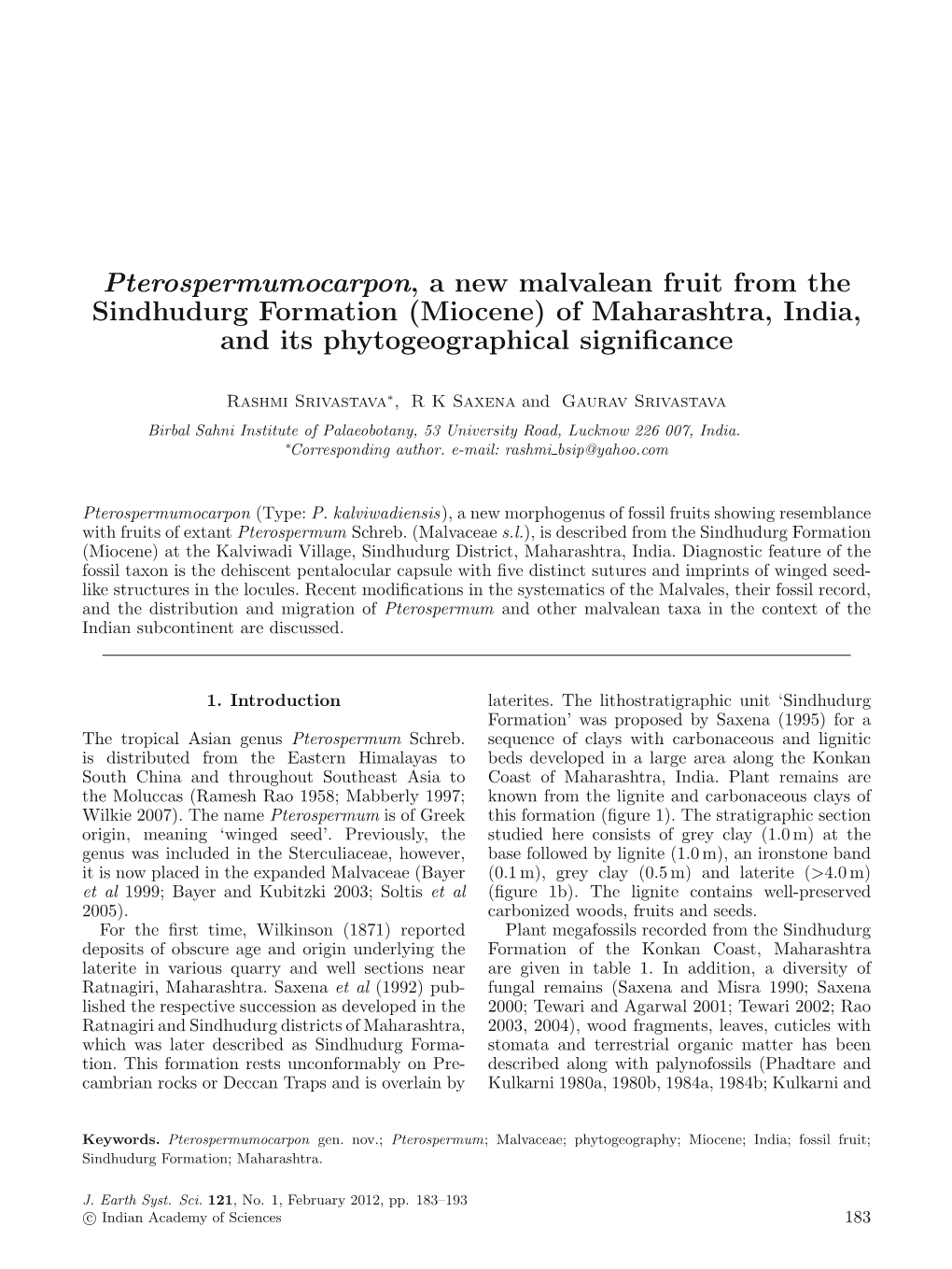 Miocene) of Maharashtra, India, and Its Phytogeographical Signiﬁcance