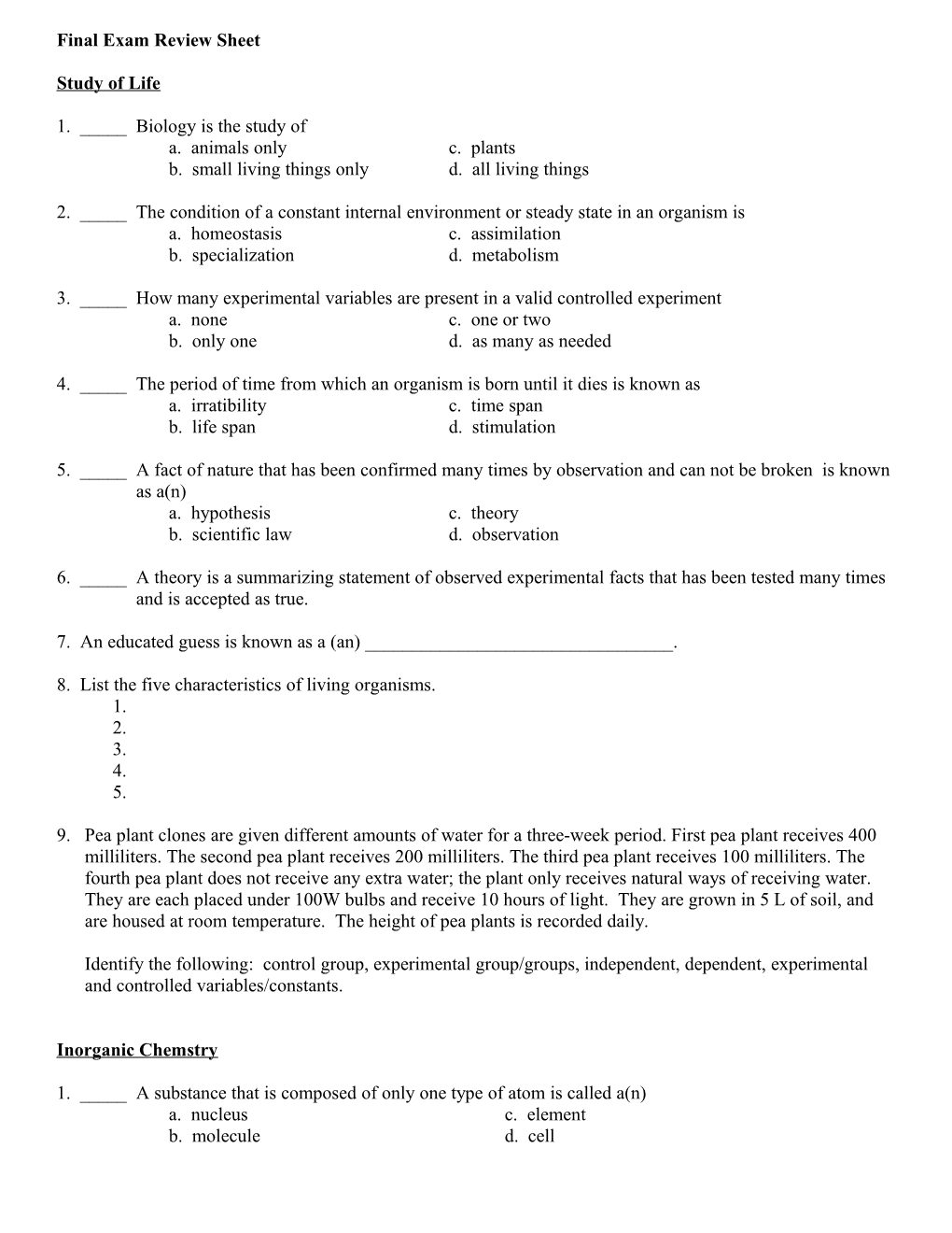 Final Exam Review Sheet