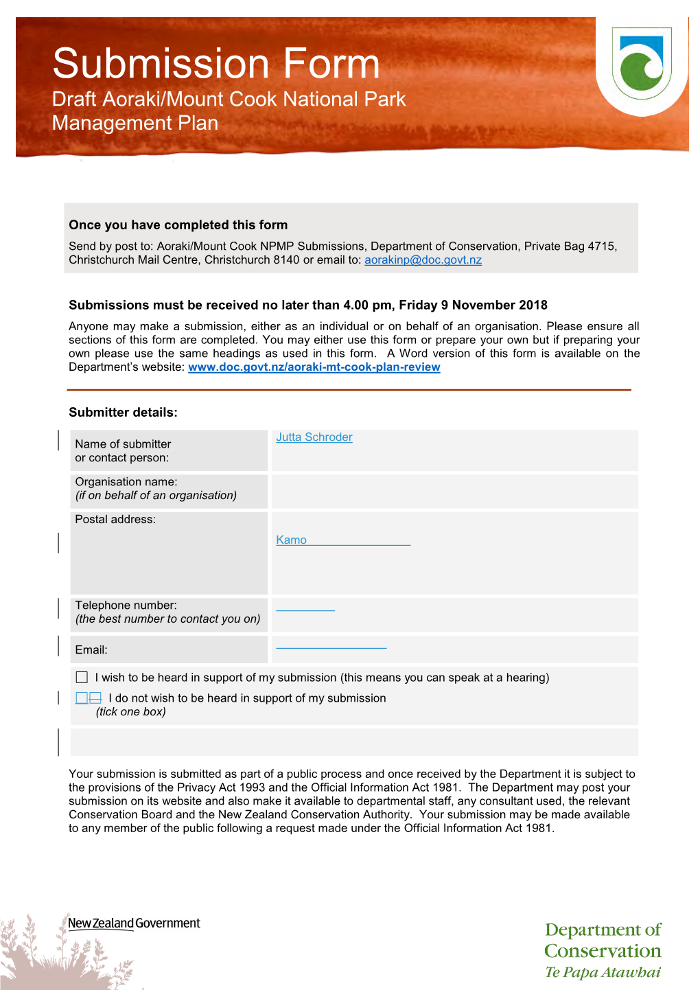 Submission Form Draft Aoraki/Mount Cook National Park