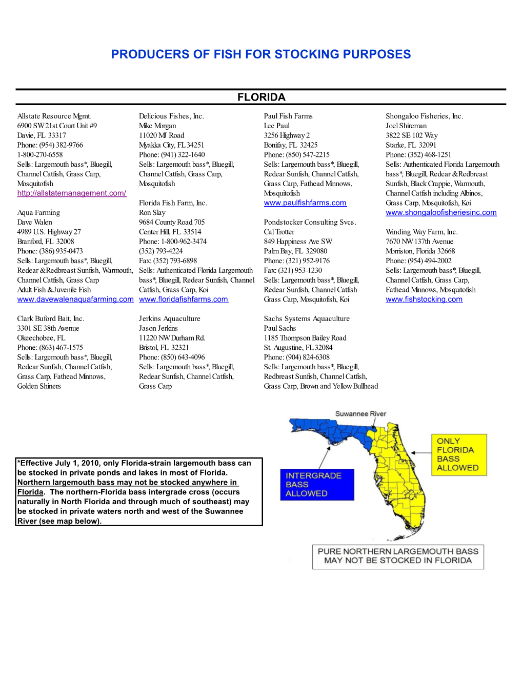 FWC Freshwater Fish Stocking List