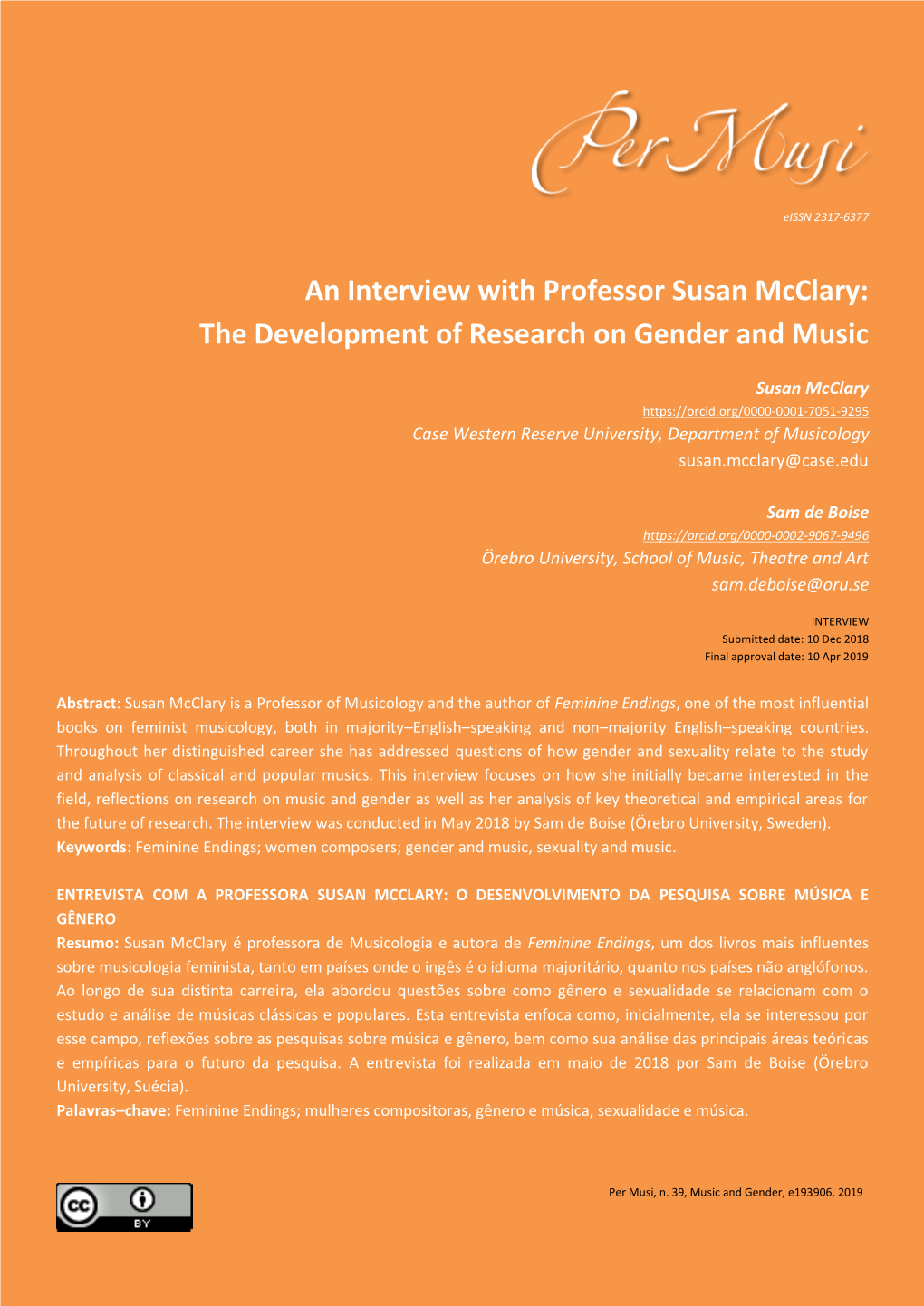 An Interview with Professor Susan Mcclary: the Development of Research on Gender and Music