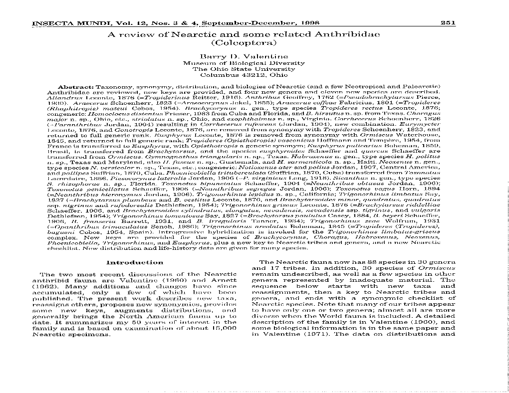 A Review of N Earctic and Some Related Anthribidae ( Coleoptera)