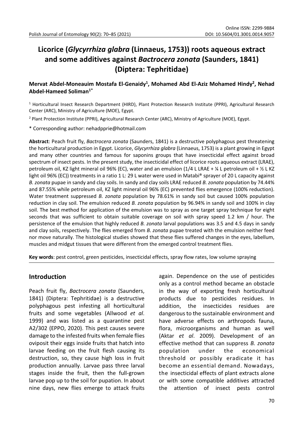 Roots Aqueous Extract and Some Additives Against Bactrocera Zonata (Saunders, 1841) (Diptera: Tephritidae)