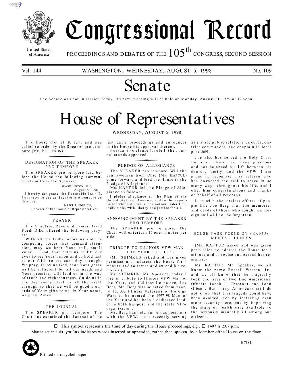 Congressional Record United States Th of America PROCEEDINGS and DEBATES of the 105 CONGRESS, SECOND SESSION